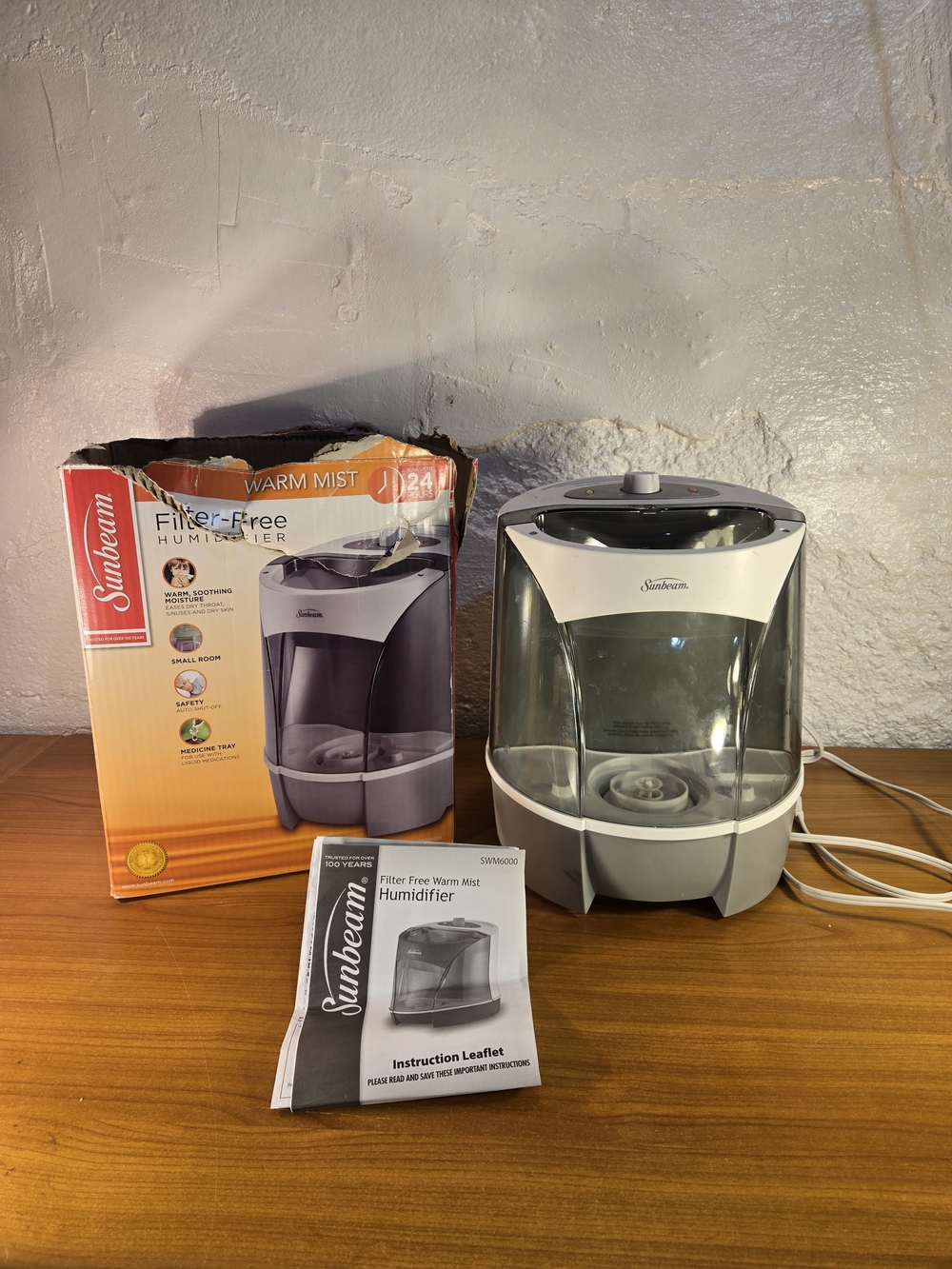 Sunbeam SWM6000 Warm Mist Humidifier Filter-Free Gray White Tested Working